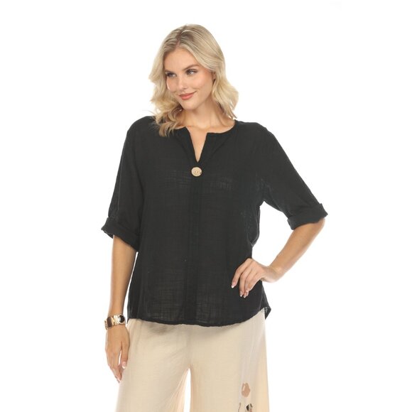 Black 3/4 Sleeves Top with Bamboo Button - Picture 2 of 8